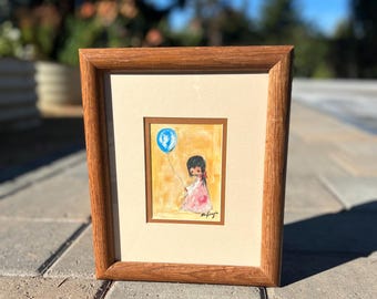 Vintage DeGrazia “The Balloon” Framed Print, Girl with Blue Balloon, Matted in Oak Frame, Southwestern Art 9.5x11.5”