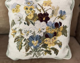 Vintage Needlepoint Pansy Pillow Hand-Stitched Floral Bouquet | Blue Yellow Green | Detailed Edge | Cottage Core Decor | ~12"