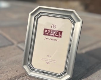 Burnes of Boston "Jamestown" 4x6 Picture Frame — Brushed Silver Octagonal Beaded, Lacquer Coated, Vertical or Horizontal Display, ©1997