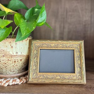 May include: A rectangular gold-toned picture frame with an intricate embossed leaf and vine pattern surrounding a dark centre. Beside the frame sits a speckled beige ceramic planter containing a green leafy plant with a single yellow leaf.