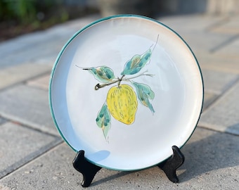 Vintage Italian Hand-Painted Lemon Plate · Made in Italy · 9" · Teal Rim · Amalfi Coast Style · Fruit Motif · Wall Decor · Cottage Kitchen
