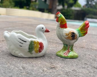 Vintage Hand-Painted Japan Porcelain Rooster & Swan/Goose Figurine Set | Mid-Century Farmhouse Décor | Made in Japan