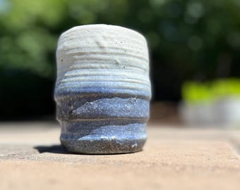 Wood-Fired Yunomi — White & Blue Gradient Glaze; hand-thrown stoneware tumbler glazed sweeping gradient soft matte