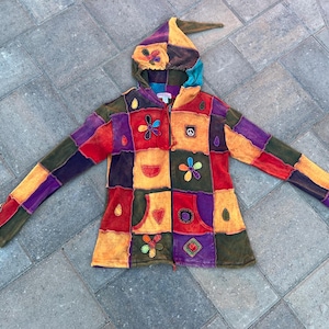 Patchwork Pixie Hoodie Jacket | Boho Hippie Festival Zip-Up, Applique Flowers, Peace Sign, 100% Cotton
