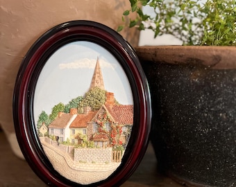 Vintage Lakeland Studios "Bakewell" 3D Relief Wall Plaque | Hand Crafted in Cumbria UK | English Village Cottage Art | Oval Mahogany Frame