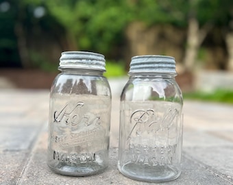 Vintage Mason Jars with Zinc Lids - Set of 2 | Antique Kerr Self Sealing Mason Pat. 1915 & Ball Perfect Mason Clear Glass Jars | Rustic Farm