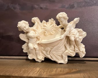 Vintage Ruggeri Italy Cherub Putti Figurine | Double Angel Baroque Compote Bowl | White Resin Italian Sculpture | Made in Italy | Grandmille