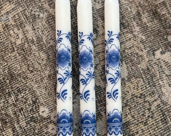 Set of 3 Vintage Delft Blue 10” Floral Taper Candles Made in Holland