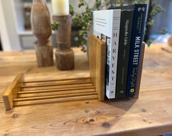 Soporte para libros de cocina y sujetalibros de madera, extensible, de roble, organizador de encimera de cocina.