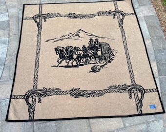 Vintage Pendleton Stagecoach Wool Blanket — Reversible Black & Tan, 60”×60” — Western Americana, 1990s, Portland Oregon