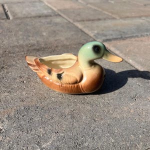 Puede incluir: Una maceta de cerámica con forma de pato. Tiene la cabeza verde claro, pico amarillo y cuerpo marrón y beige. La maceta tiene un área ahuecada para plantas pequeñas o elementos decorativos. El pato está sobre una superficie gris.