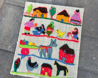 Hand-Embroidered Folk Art Textile Panel | Latin American Village Scene | Wool on Linen | Framed Wall Art | 14 x 17