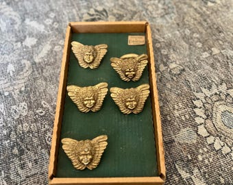 Juego de 5 servilleteros con querubines y putti dorados vintage / Hechos a mano por Carnevale Memphis / Alas de ángel barrocas estilo Hollywood Regency / Caja original