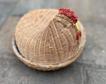 Vintage Wicker Hen Basket with Lid — Blue-Lined, PRC Export Label, Farmhouse Chicken Decor