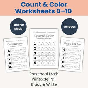 Count and Color Worksheets 0–10 | Preschool Math Printable | Kindergarten Counting Activity | Black and White PDF