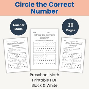 以下が含まれることがあります： Circle the Correct Numberと題された30ページの白黒の就学前算数ワークシートセット。各ページには、数えるためのリンゴのイラストが入ったボックスと、正解を囲むための0から10までの数字グリッドがあり、名前と日付を記入する欄が含まれています。