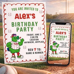 May include: A baseball-themed birthday party invitation with the text "Alex's Birthday Party." The invitation features a cartoon mascot and baseballs. A smartphone displays the same invitation. A baseball and bat are in the foreground.