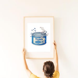 Blue Tuna Can Watercolor Art Print Kitchen Wall Decor