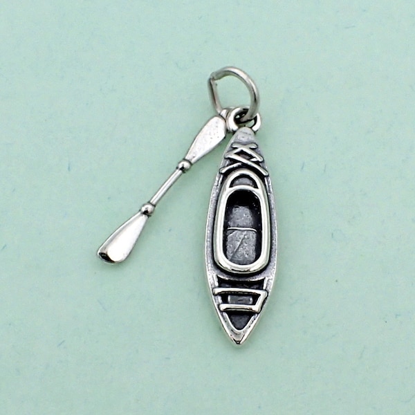 2 piece Kayak Charm Sterling Silver Pendant 3D Kayaker Boat Paddle Water Sport