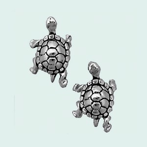 May include: A pair of silver-colored turtle stud earrings. Each earring features a detailed turtle design with a textured shell, head, and legs. The earrings are set against a light blue background.