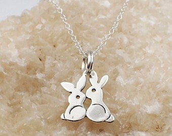 Kissing Bunnies Necklace Sterling Silver Bunny Rabbit Charm Pendant Cable Chain Pet Easter