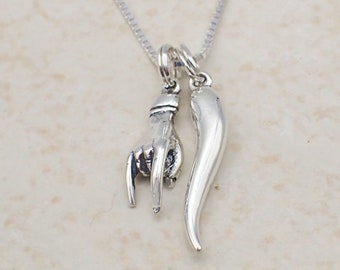 Italian Good Luck Necklace Sterling Silver Mano Cornuto Hand Charm Italian Horn Cornicello Cornetto Pendant