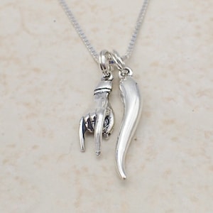 Italian Good Luck Necklace Sterling Silver Mano Cornuto Hand Charm Italian Horn Cornicello Cornetto Pendant