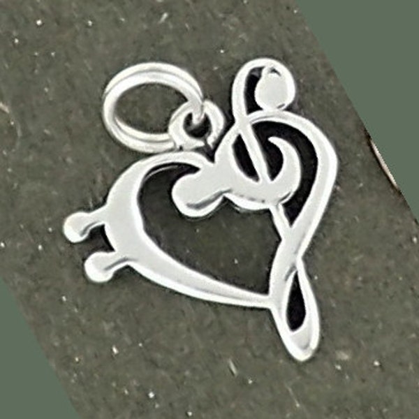 Music Note Bass and Treble Clef Heart Charm Sterling Silver Pendant