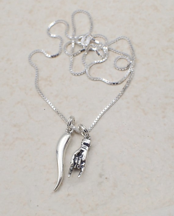 Italian Good Luck Necklace Sterling Silver Mano Cornuto Hand Charm