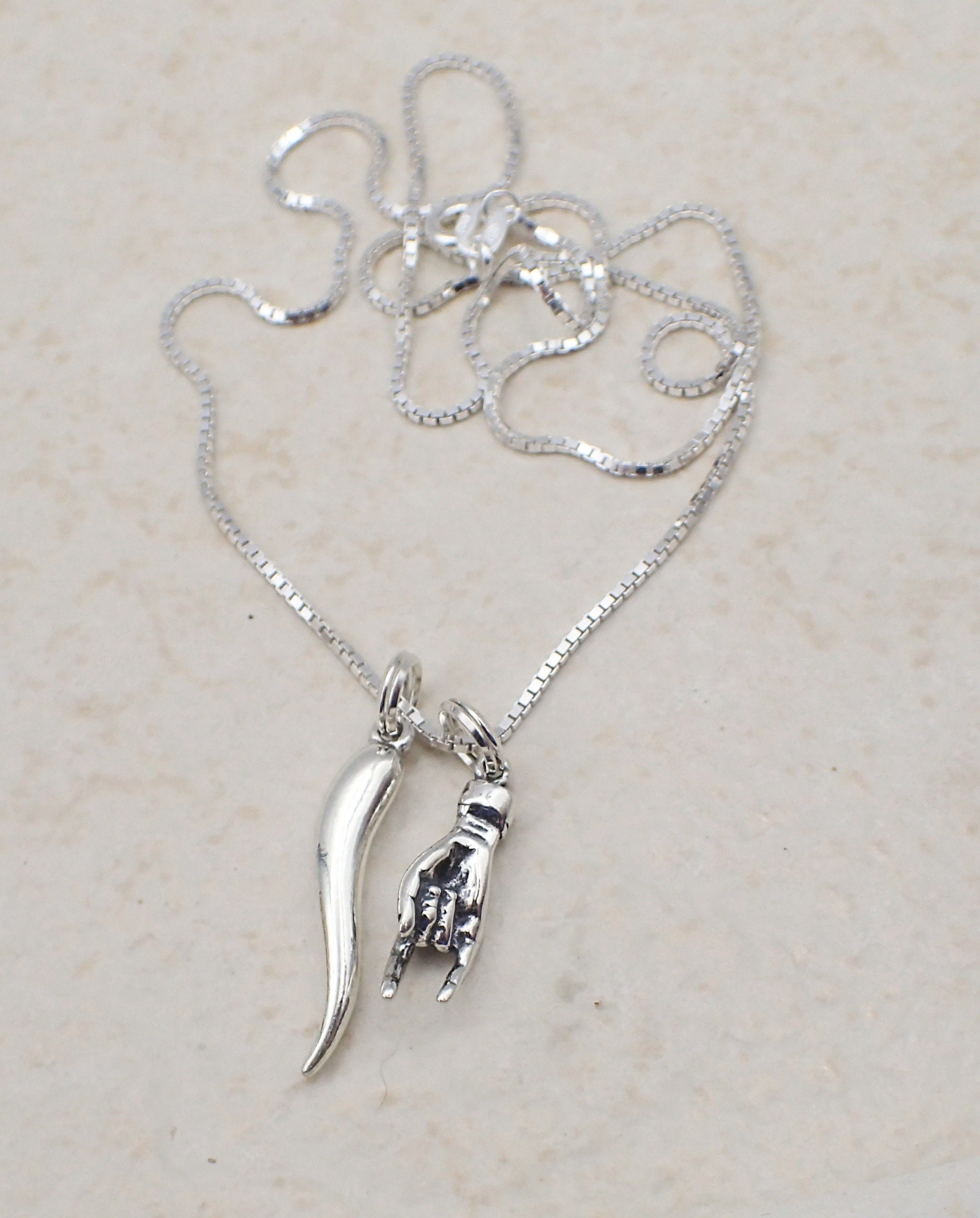 24 Italian Good Luck Necklace Sterling Silver Mano Cornuto Hand Italian Horn Cornicello