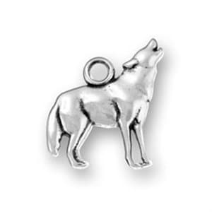May include: Silver charm of a wolf howling at the moon. The charm has a loop at the top for attaching to a necklace or bracelet.