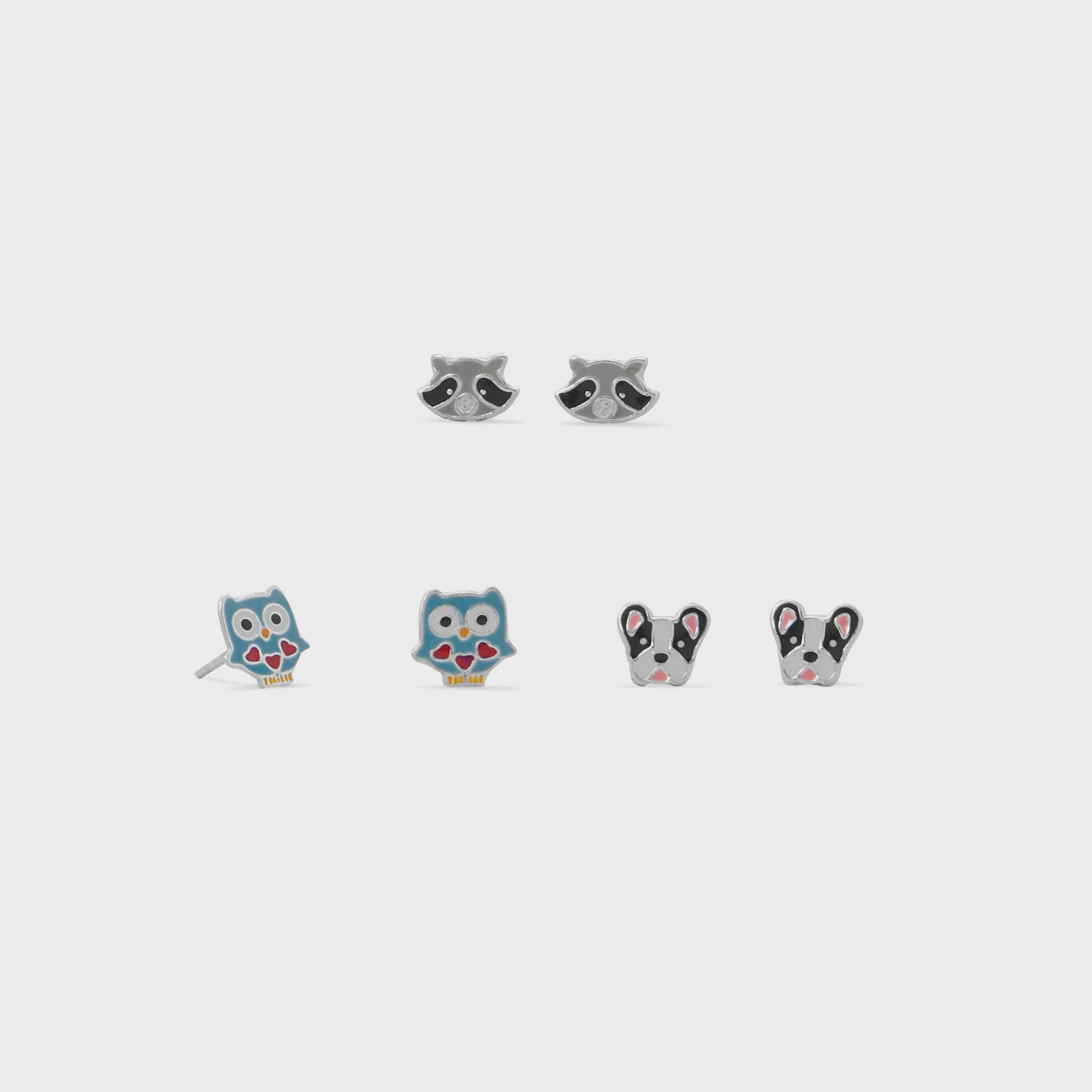 Owl, Raccoon and Dog Stud Earring 3 Pair Set 925 Sterling Silver