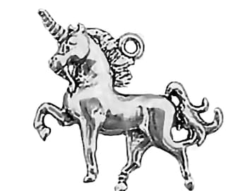 Unicorn Charm Sterling Silver Pendant 3D Prancing Horned Horse Fantasy