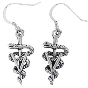 May include: Sterling silver earrings featuring a detailed depiction of the veterinary symbol, a snake wrapped around a staff with a 'V' at the base.