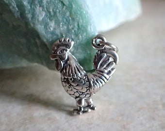 Sterling Silver Rooster Charm Pendant Chicken Bird 3D