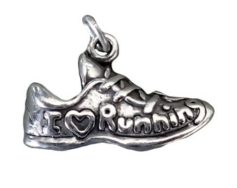 I Love Running Marathon Charm Sterling Silver Pendant Running Shoe  Heart