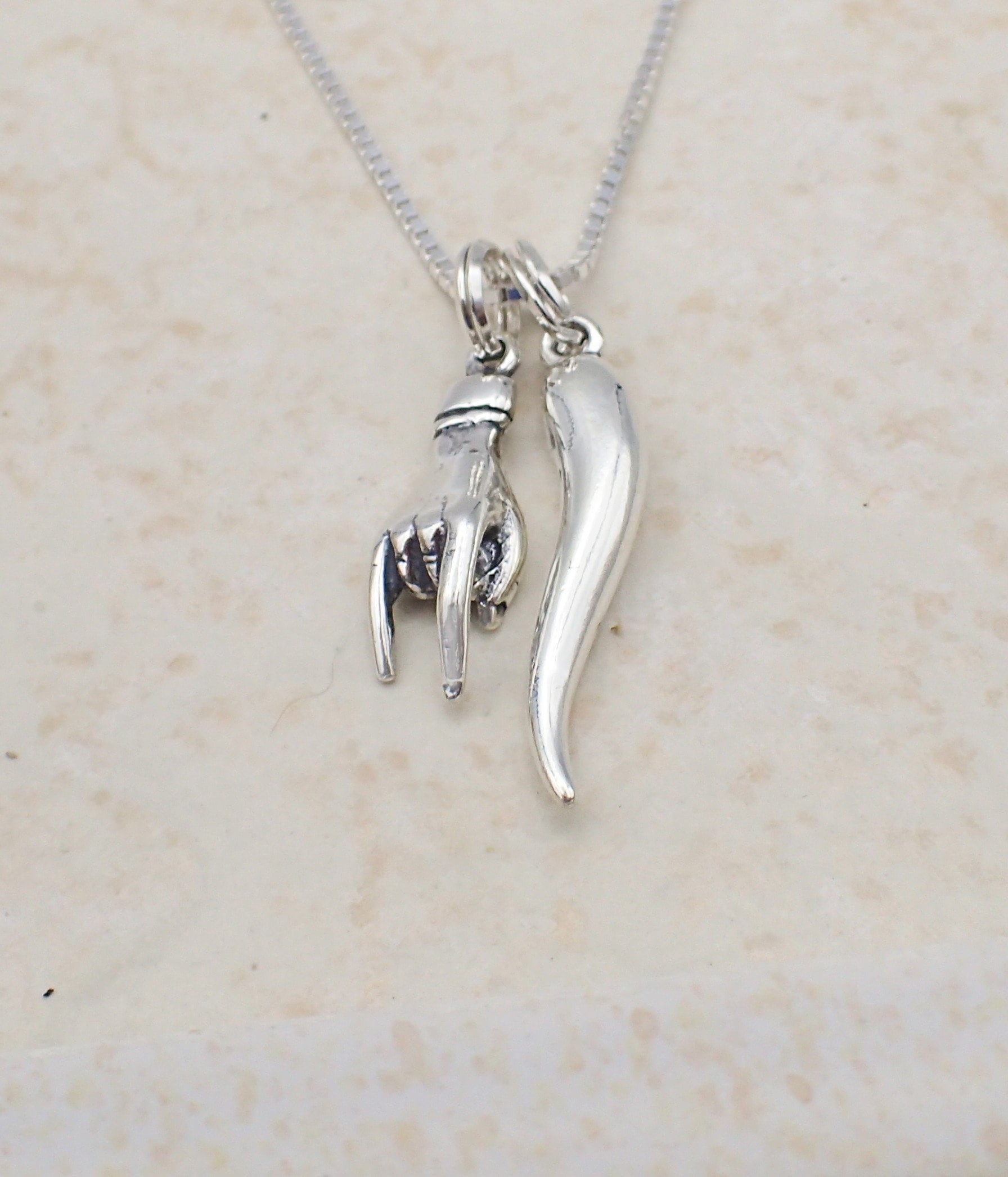 Italian Good Luck Necklace Sterling Silver Mano Cornuto Hand Charm