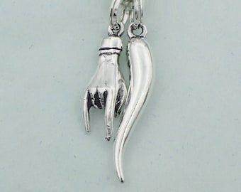 Italian Horn & Italian Hand Charm 925 Sterling Silver 1 pair