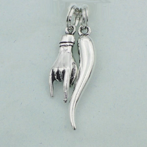 Italian Horn & Italian Hand Charm 925 Sterling Silver 1 pair