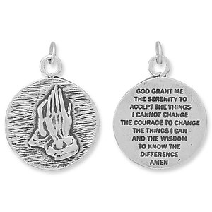 Serenity Prayer Charm Sterling Silver Pendant Praying Hands 2 sided