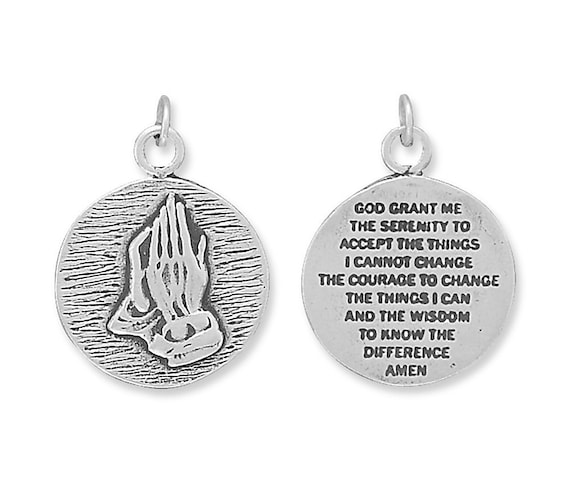 Praying Hands and Serenity Prayer Reversible Pendant Charm Sterling Silver Praying Hands and Serenity Prayer Reversible Pendant Charm Sterling Silver