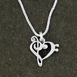 Music Note Heart Bass and Treble Clef Pendant Necklace Sterling Silver image 1