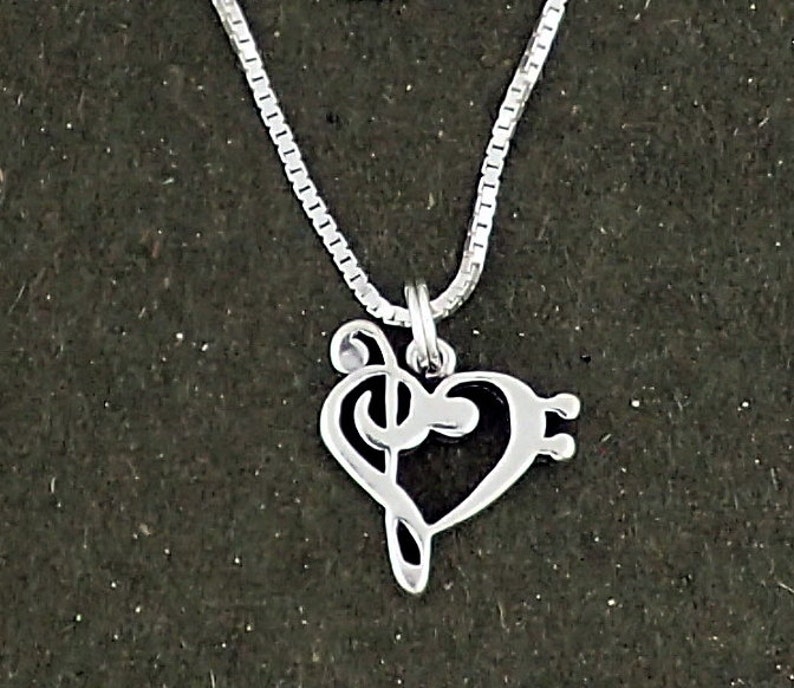 Music Note Heart Bass and Treble Clef Pendant Necklace Sterling Silver image 1