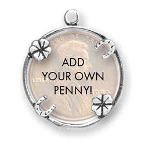 Lucky Penny Holder Charm Sterling Silver Pendant Four Leaf Clover & Horseshoe