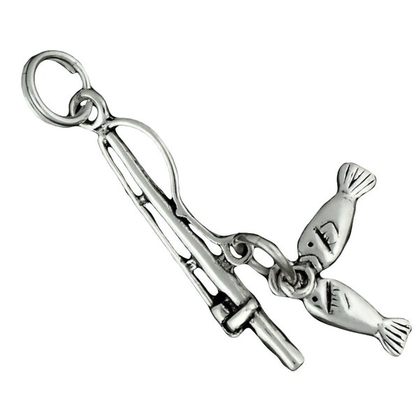 Fishing Pole Charm Sterling Silver Pendant 3d Fish Movable