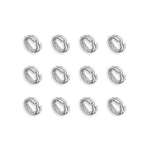May include: Twelve silver jump rings, each with a circular shape and a slightly open section. The rings are arranged in three rows of four.