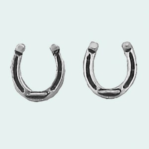 May include: A pair of silver horseshoe stud earrings. The earrings are small and delicate, and they have a simple, classic design.