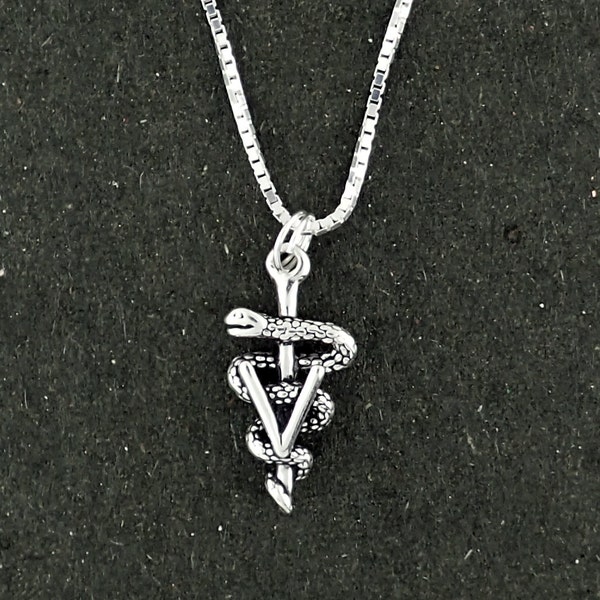 Sterling Silver Veterinary Caduceus Necklace Box Chain Pendant Animal Pet Vet Veterinarian