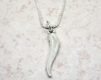 Italian Horn Pendant Necklace Sterling Silver Cornicello Cornetto Charm