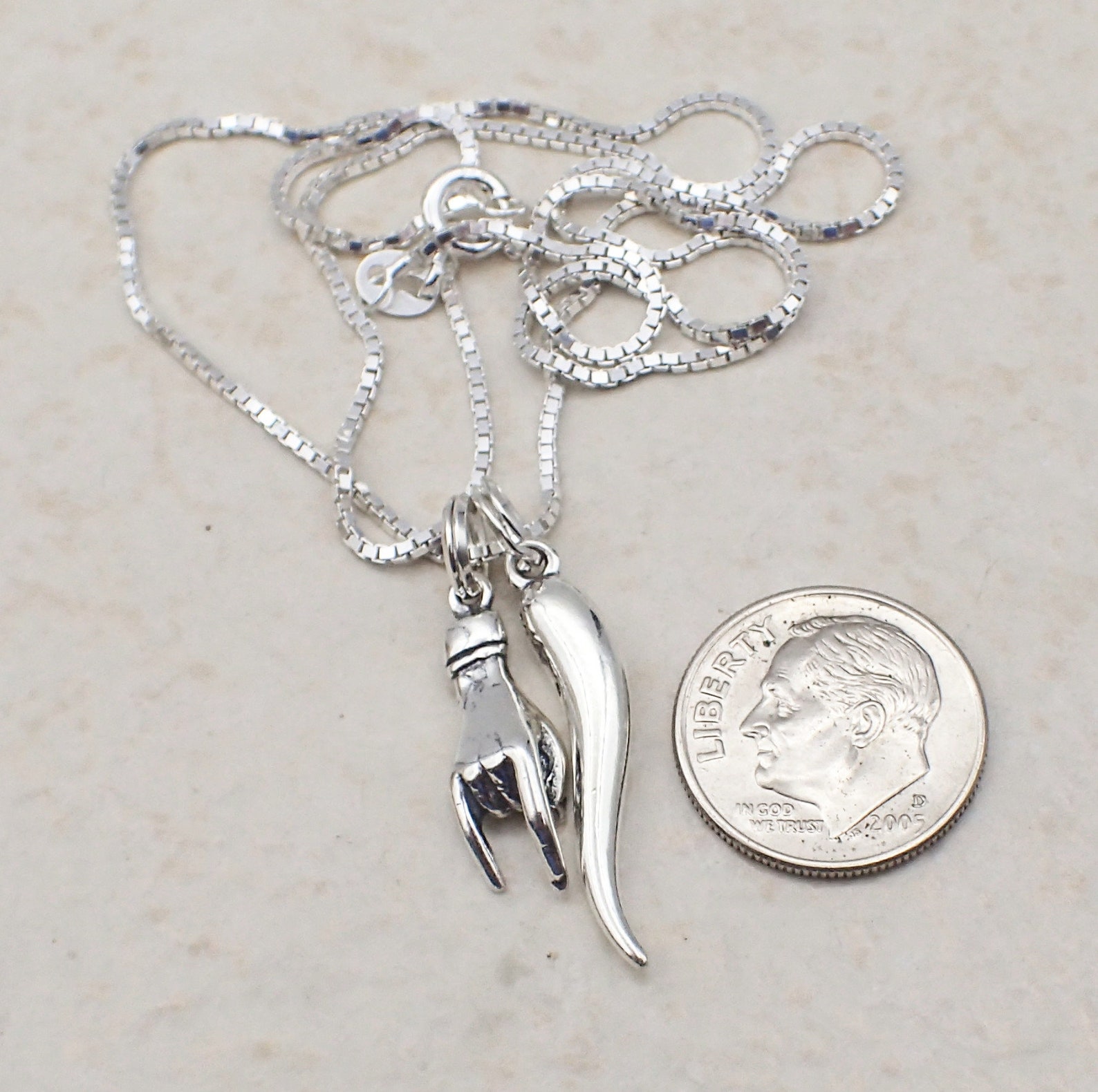 Italian Good Luck Necklace Sterling Silver Mano Cornuto Hand Charm